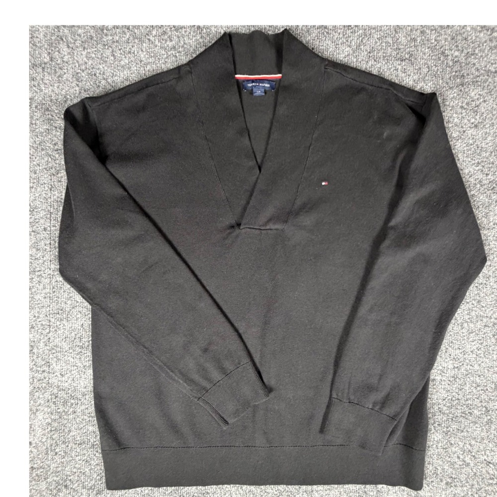 Tommy Hilfiger Mens Black Shawl V-Neck Pullover Sweater Large Logo Knit